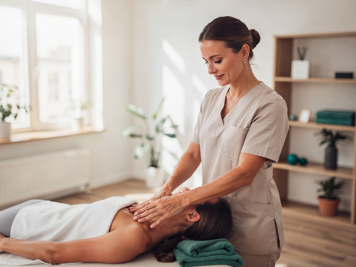 Therapeutin behandelt einen Patienten in einer modernen Praxis